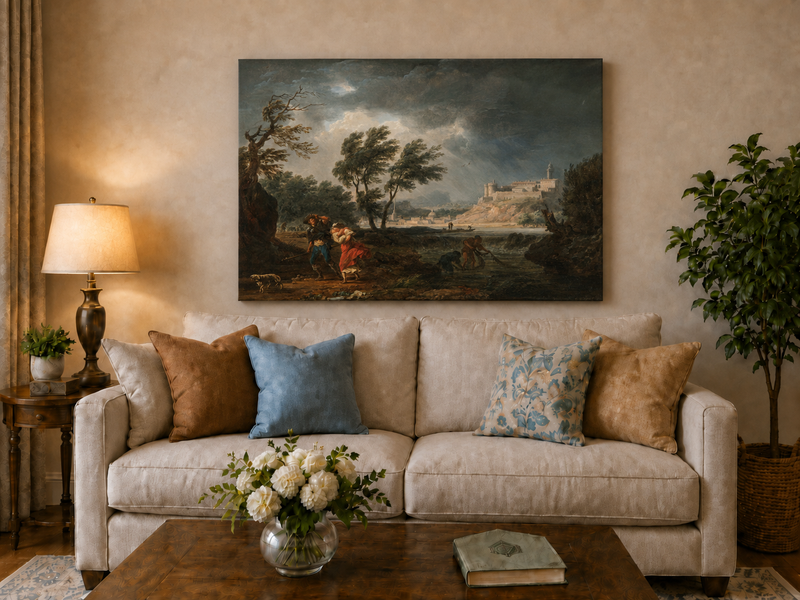 Landscape Oil Painting - Stormy River Scene with Fortress View