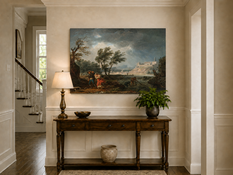 Landscape Oil Painting - Stormy River Scene with Fortress View