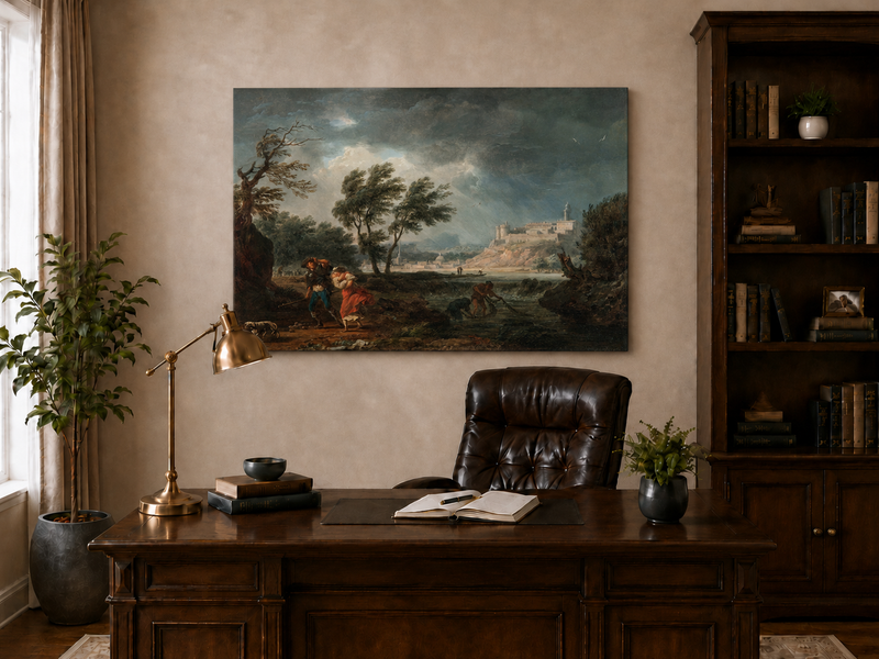 Landscape Oil Painting - Stormy River Scene with Fortress View