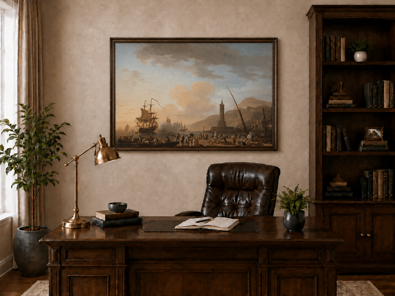Landscape Oil Painting - Harbor with Lighthouse and Sailing Ships