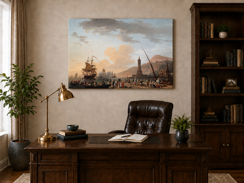 Landscape Oil Painting - Harbor with Lighthouse and Sailing Ships