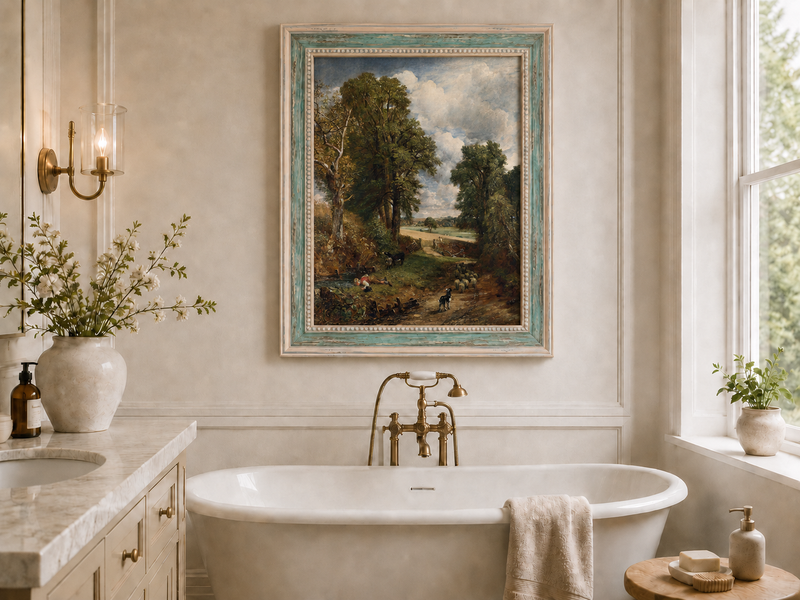 Peinture à l'huile de paysage - Rivière printanière avec pêcheur et arbres