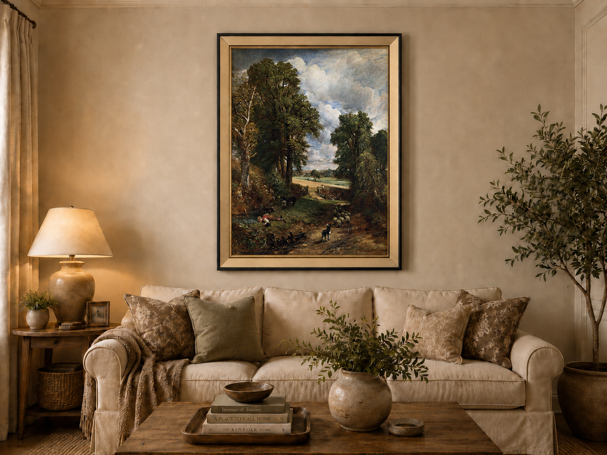 Peinture à l'huile de paysage - Rivière printanière avec pêcheur et arbres