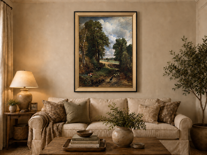 Peinture à l'huile de paysage - Rivière printanière avec pêcheur et arbres