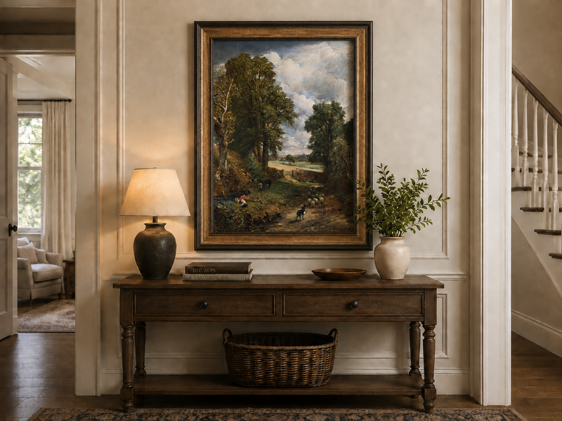 Peinture à l'huile de paysage - Rivière printanière avec pêcheur et arbres