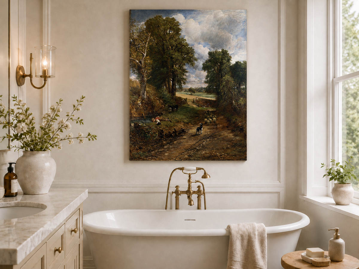 Peinture à l'huile de paysage - Rivière printanière avec pêcheur et arbres