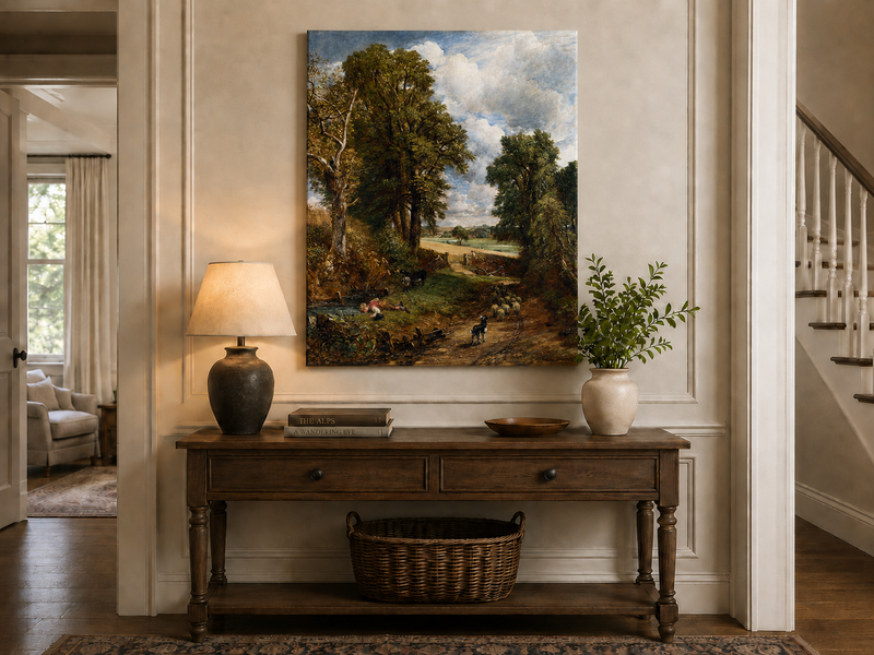 Peinture à l'huile de paysage - Rivière printanière avec pêcheur et arbres