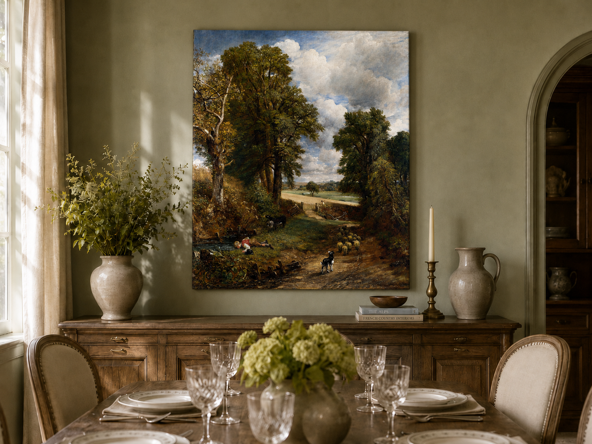 Peinture à l'huile de paysage - Rivière printanière avec pêcheur et arbres