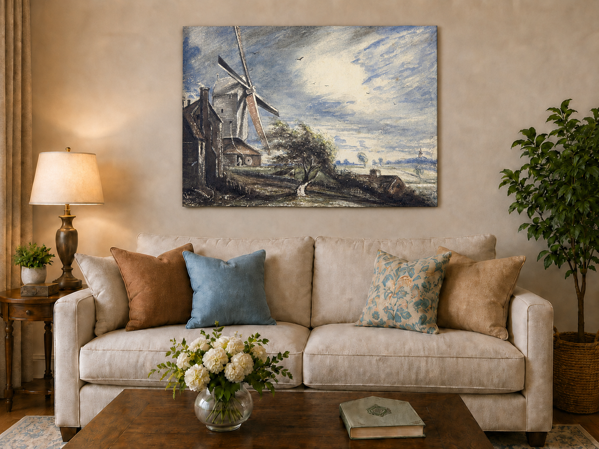 Peinture à l'huile de paysage - Scène de rivière hivernale avec personnages et chevaux