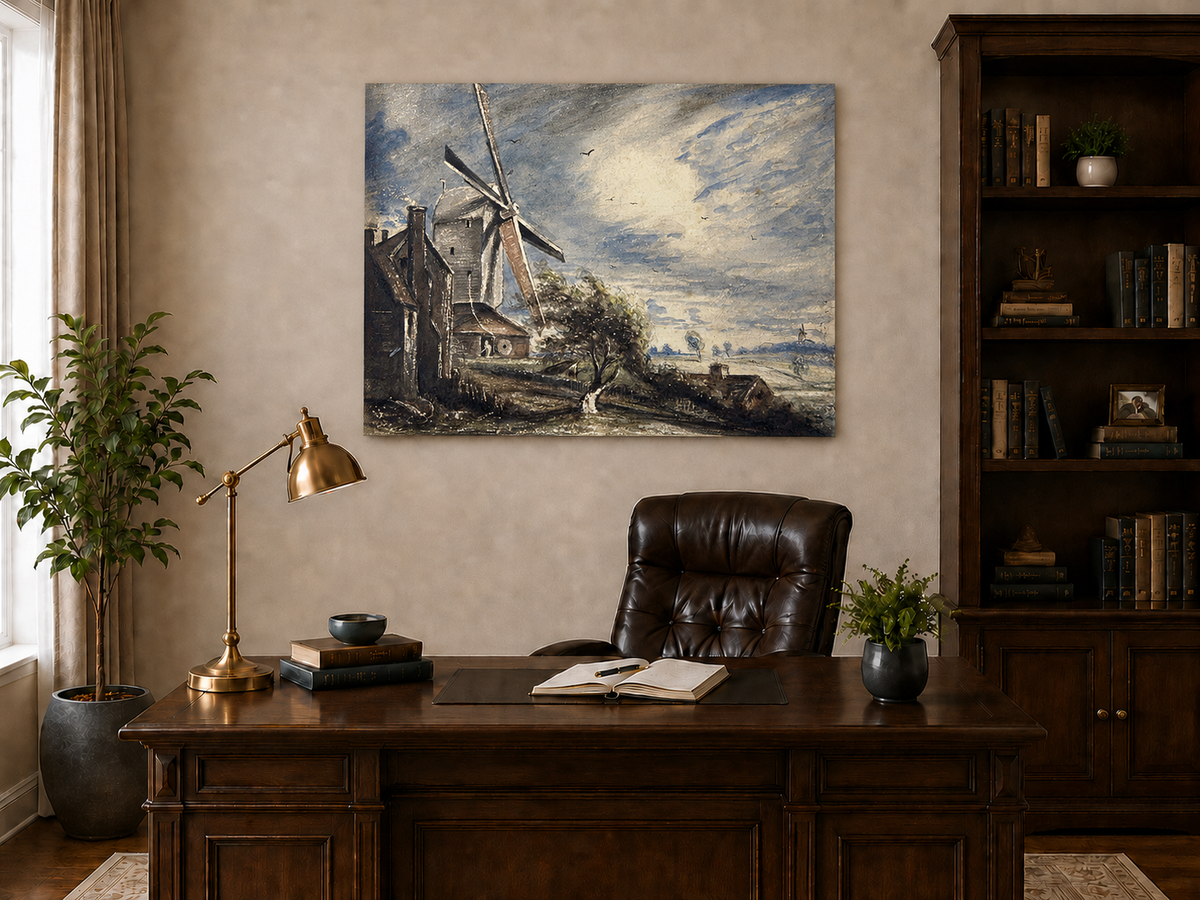 Peinture à l'huile de paysage - Scène de rivière hivernale avec personnages et chevaux