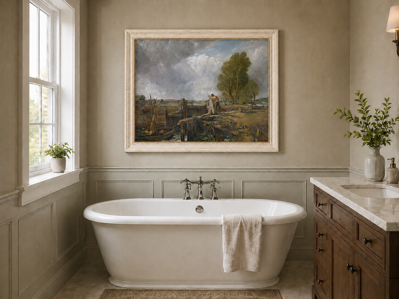 Landscape Oil Painting - Canal Lock Rural & Worker