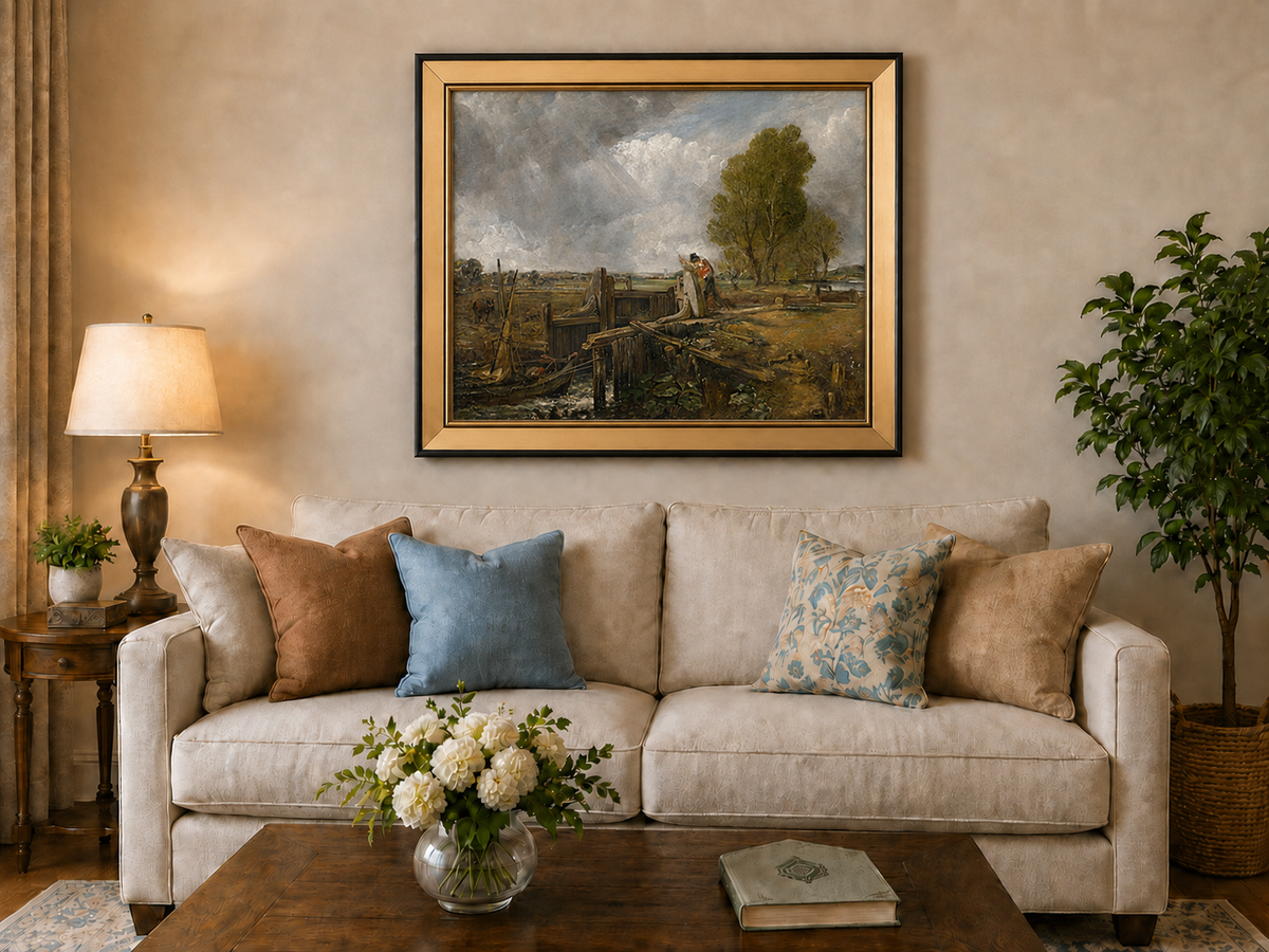 Landscape Oil Painting - Canal Lock Rural & Worker