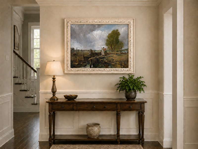 Landscape Oil Painting - Canal Lock Rural & Worker