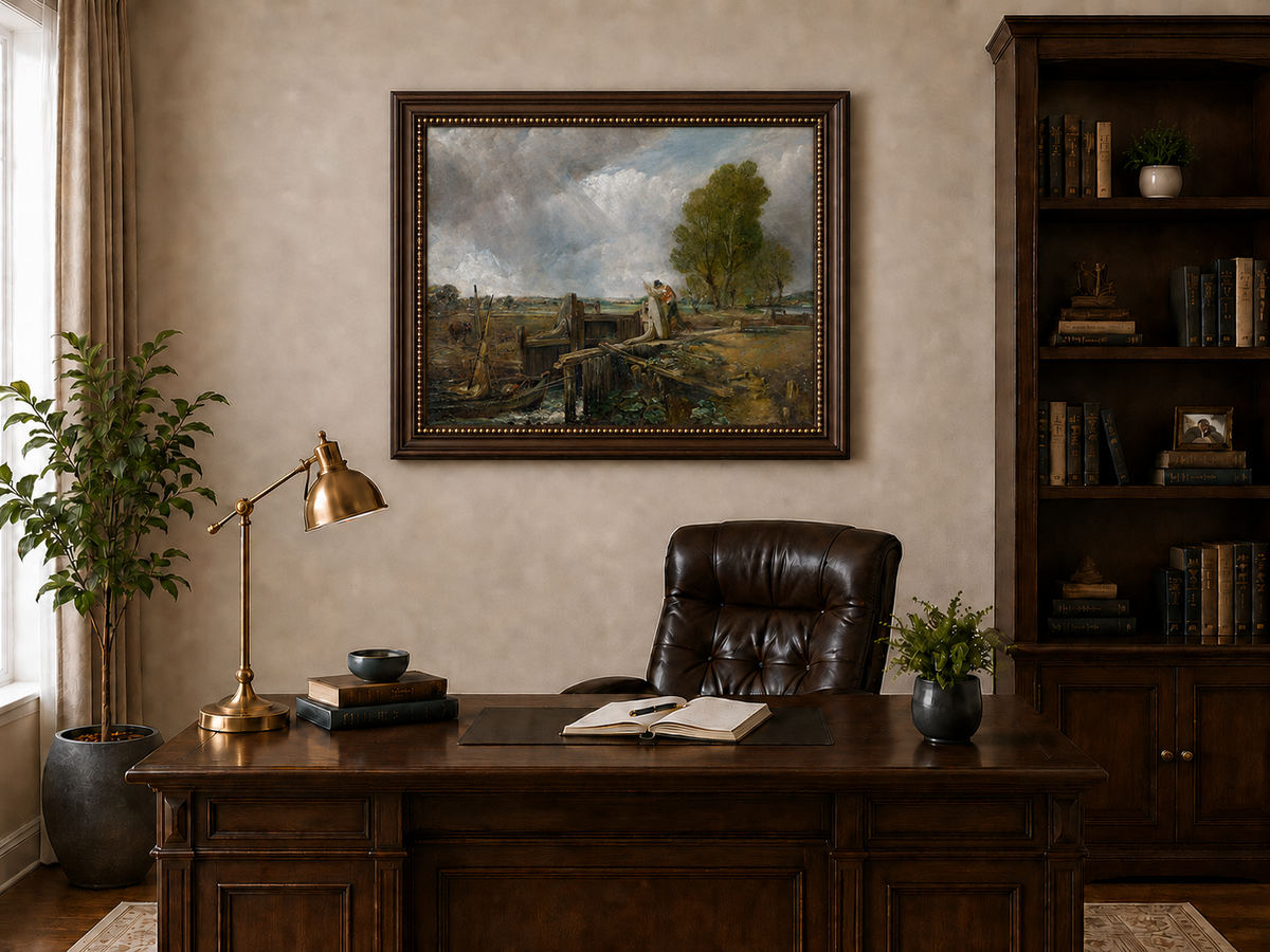Landscape Oil Painting - Canal Lock Rural & Worker