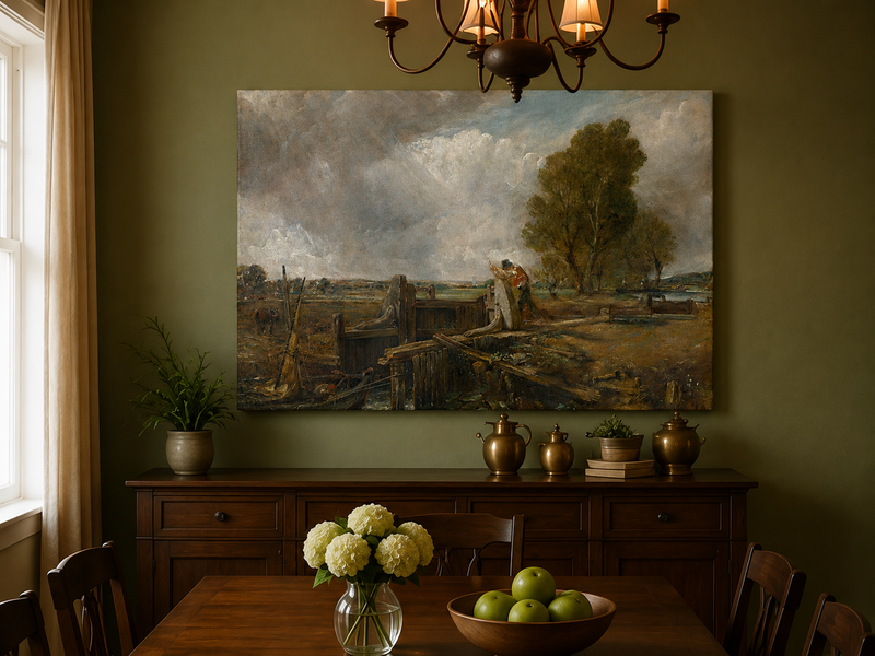 Landscape Oil Painting - Canal Lock Rural & Worker