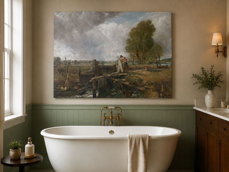 Landscape Oil Painting - Canal Lock Rural & Worker