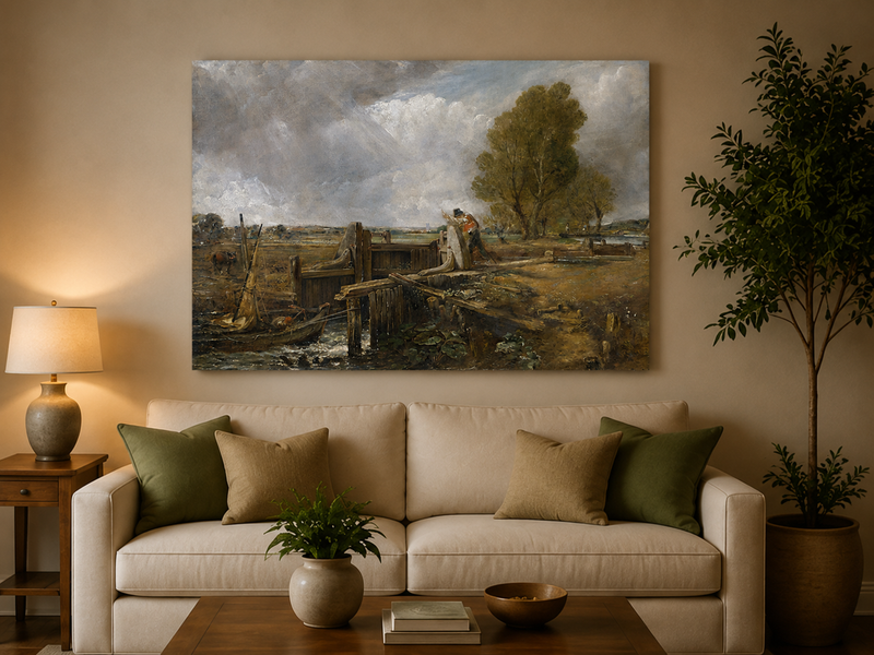 Landscape Oil Painting - Canal Lock Rural & Worker