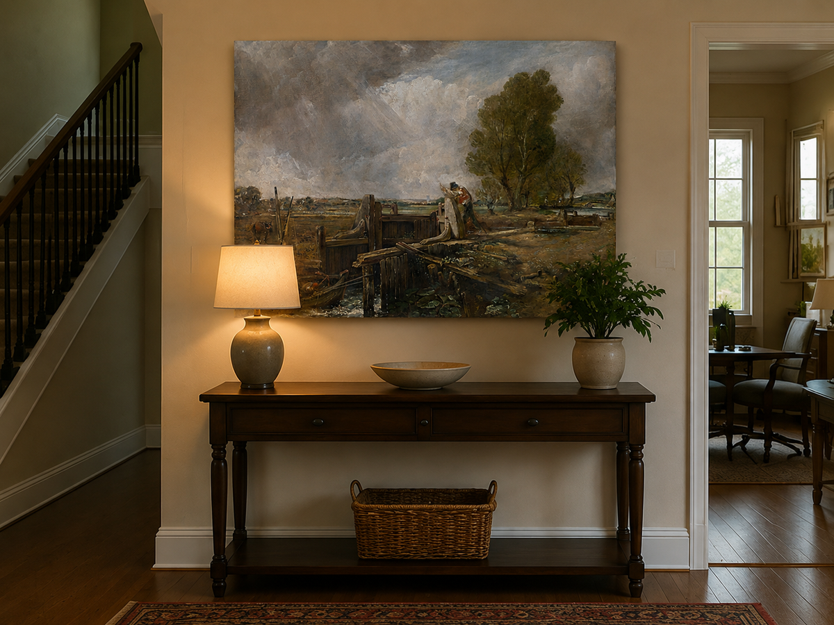Landscape Oil Painting - Canal Lock Rural & Worker