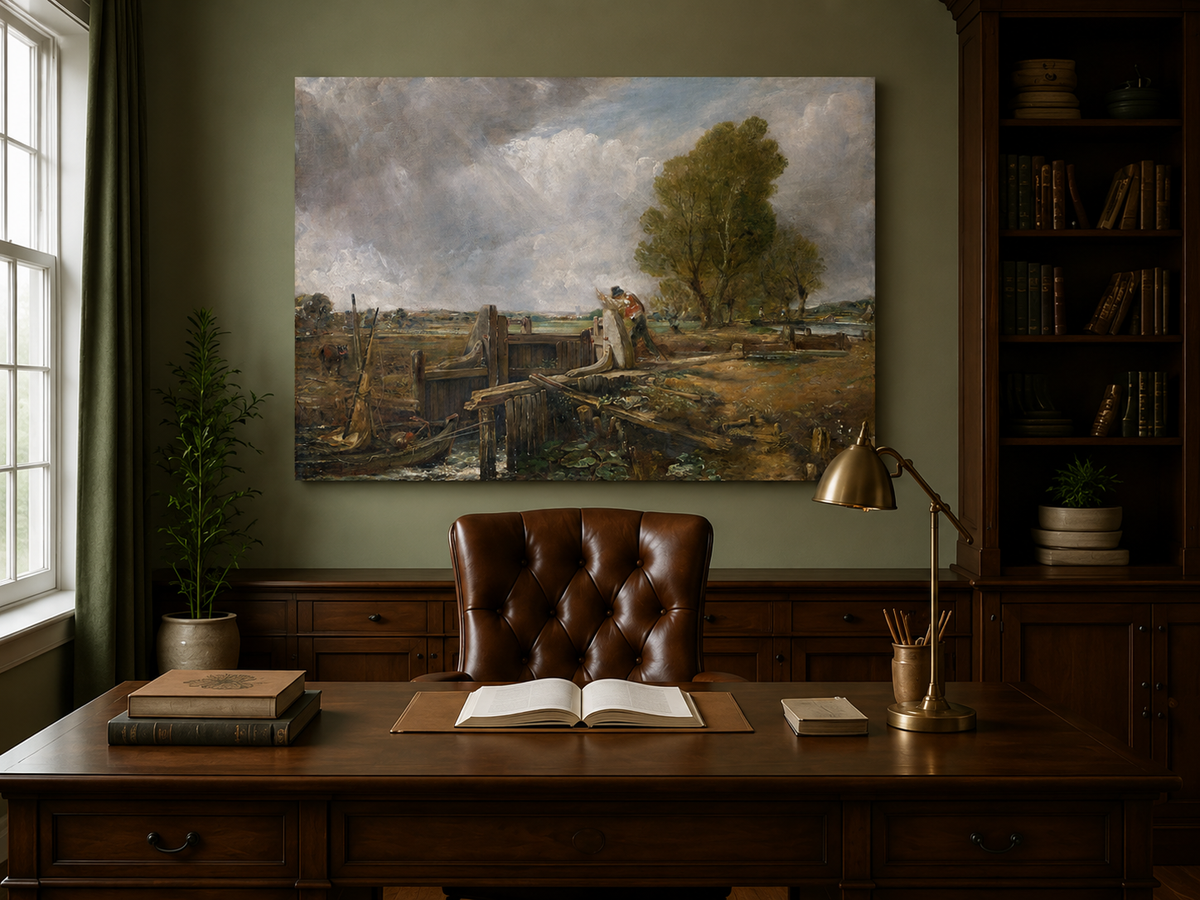 Landscape Oil Painting - Canal Lock Rural & Worker