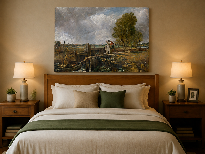 Landscape Oil Painting - Canal Lock Rural & Worker