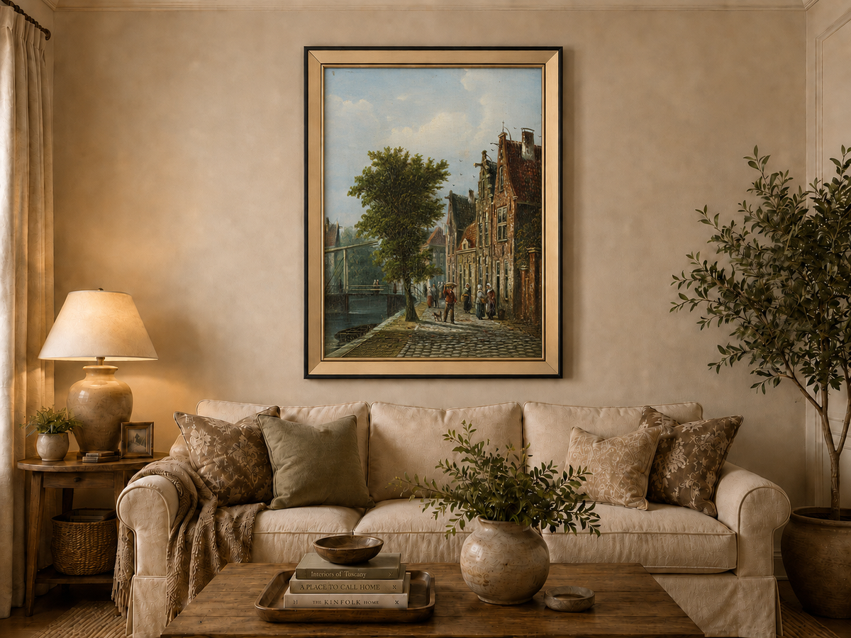 Peinture à l'huile de paysage - Rivière printanière avec pêcheur et arbres