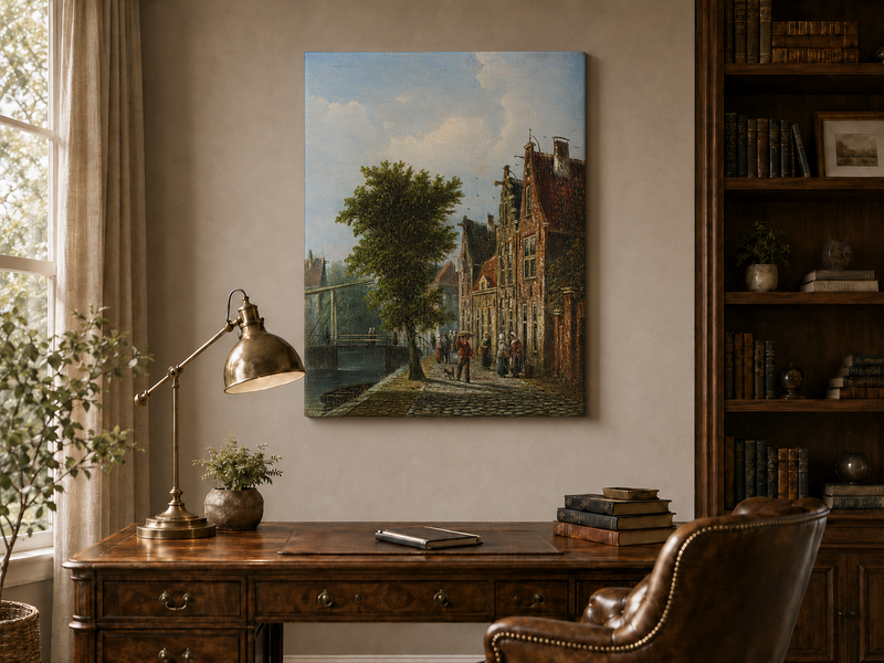 Peinture à l'huile de paysage - Rivière printanière avec pêcheur et arbres