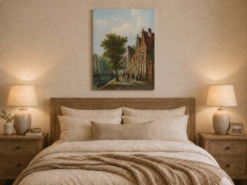 Peinture à l'huile de paysage - Rivière printanière avec pêcheur et arbres