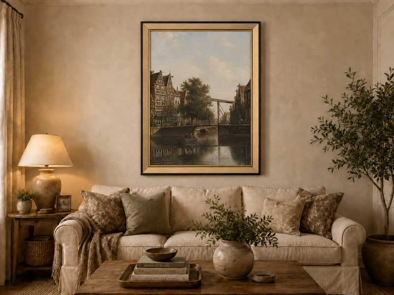 Landscape Oil Painting - Old Canal Bridge with Rowboat