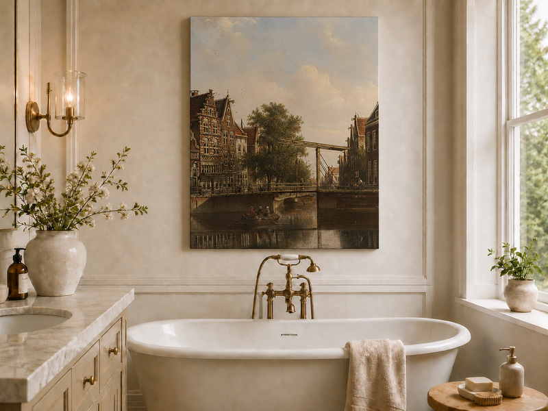 Landscape Oil Painting - Old Canal Bridge with Rowboat