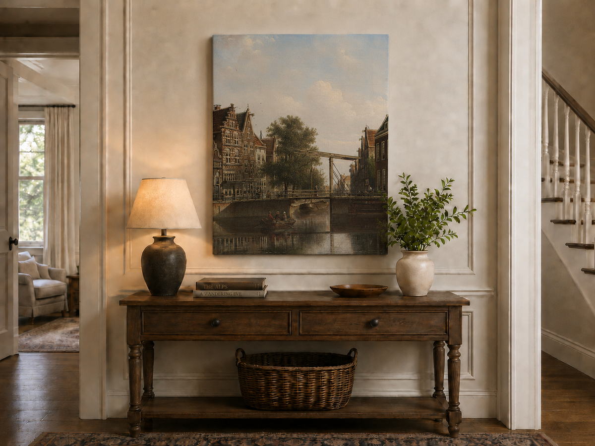 Landscape Oil Painting - Old Canal Bridge with Rowboat