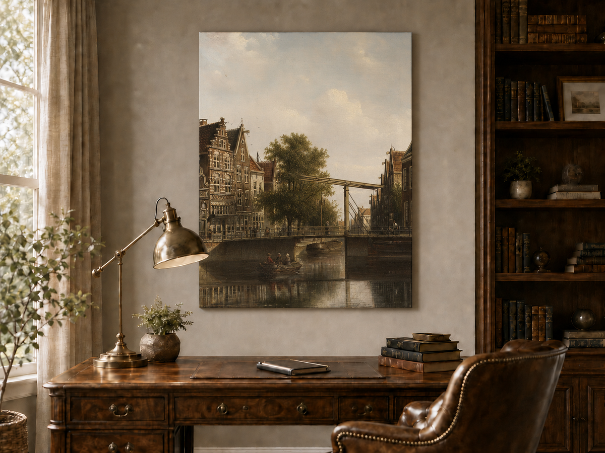 Landscape Oil Painting - Old Canal Bridge with Rowboat
