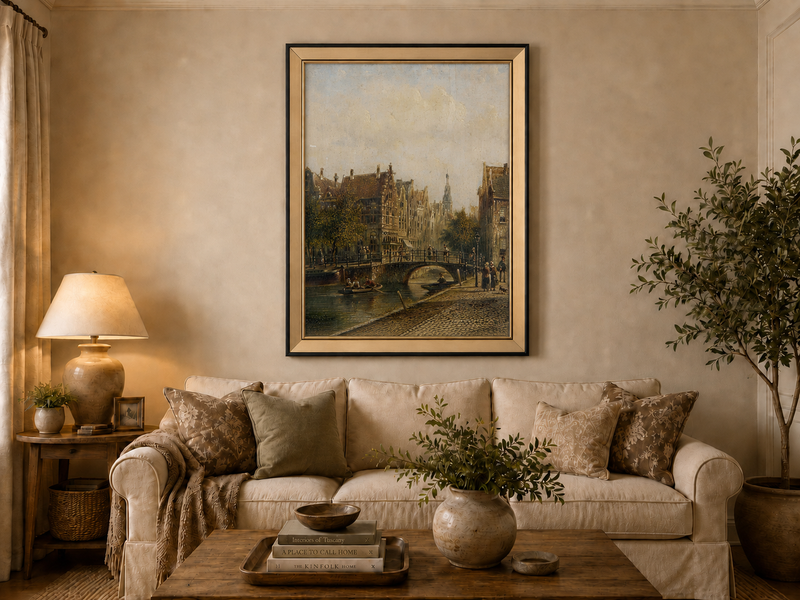 Peinture à l'huile de paysage - Vieux pont de canal européen, ville