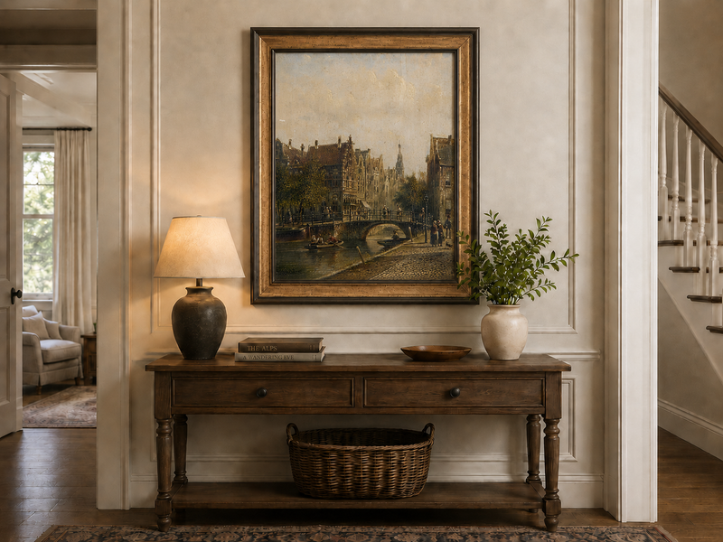 Peinture à l'huile de paysage - Vieux pont de canal européen, ville