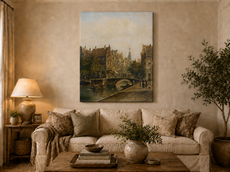 Peinture à l'huile de paysage - Vieux pont de canal européen, ville