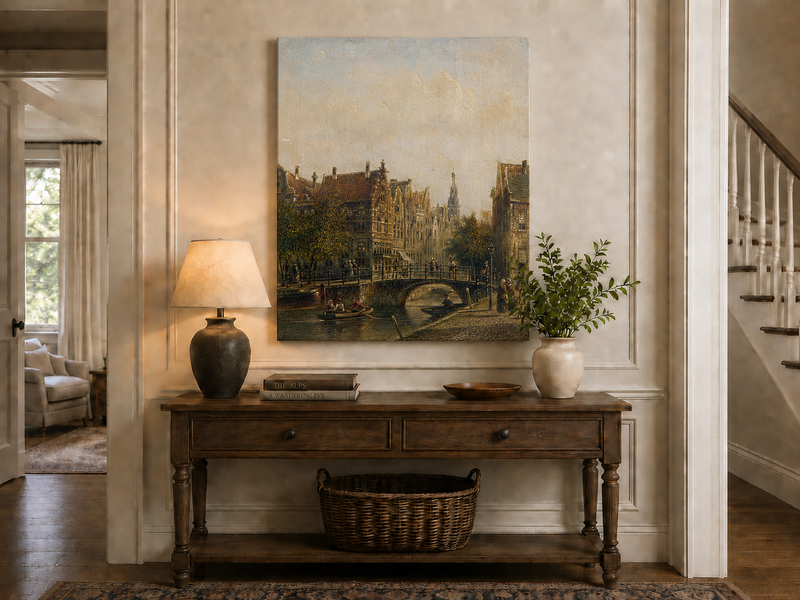 Peinture à l'huile de paysage - Vieux pont de canal européen, ville
