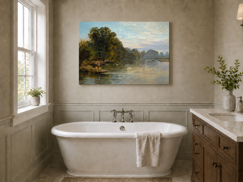 Peinture à l'huile de paysage - Gouffre rocheux spectaculaire avec personnages