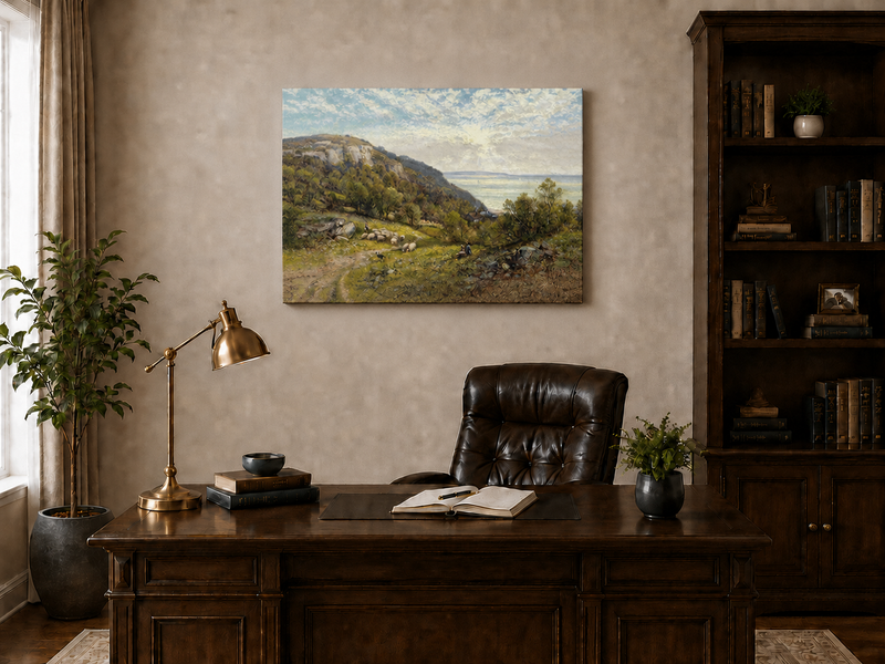 Peinture à l'huile de paysage - Gouffre rocheux spectaculaire avec personnages