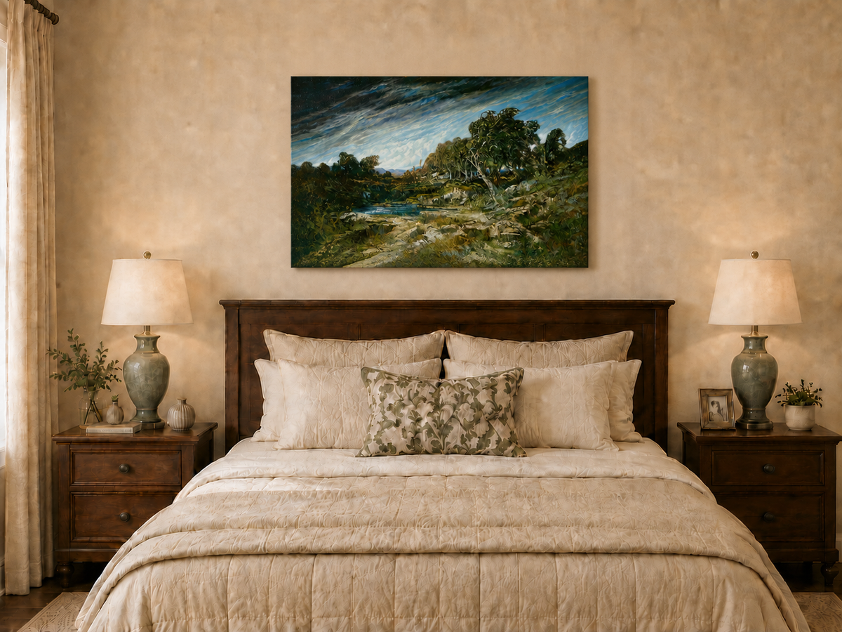 Peinture à l'huile de paysage - Gouffre rocheux spectaculaire avec personnages