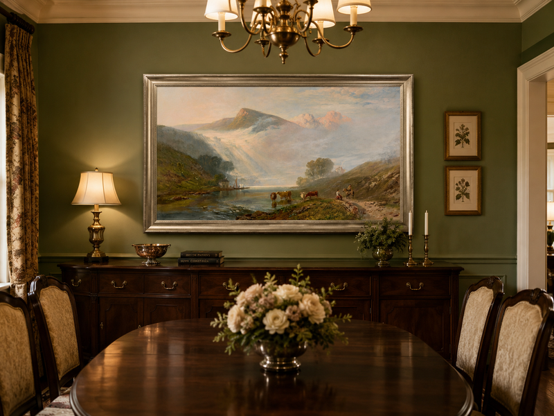 Landscape Oil Painting - Misty Mountain Lake, Cattle and Rider