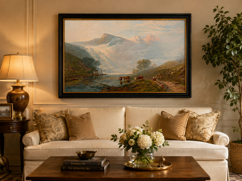 Landscape Oil Painting - Misty Mountain Lake, Cattle and Rider