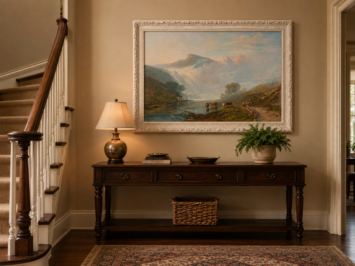 Landscape Oil Painting - Misty Mountain Lake, Cattle and Rider