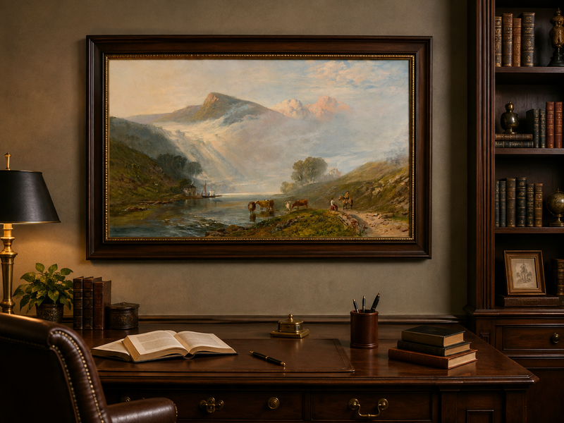 Landscape Oil Painting - Misty Mountain Lake, Cattle and Rider