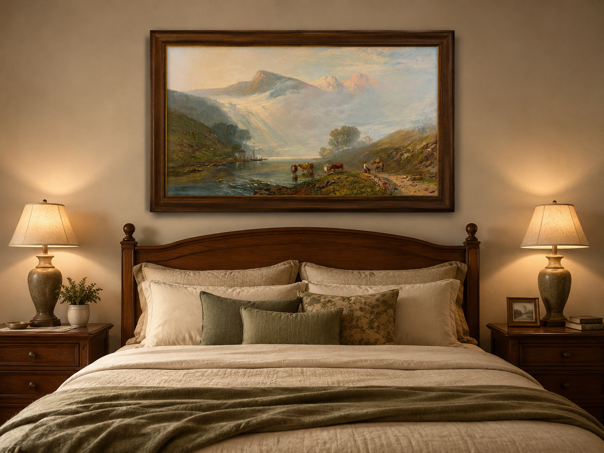 Landscape Oil Painting - Misty Mountain Lake, Cattle and Rider