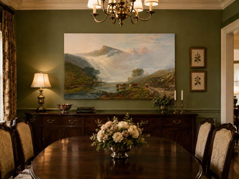 Landscape Oil Painting - Misty Mountain Lake, Cattle and Rider