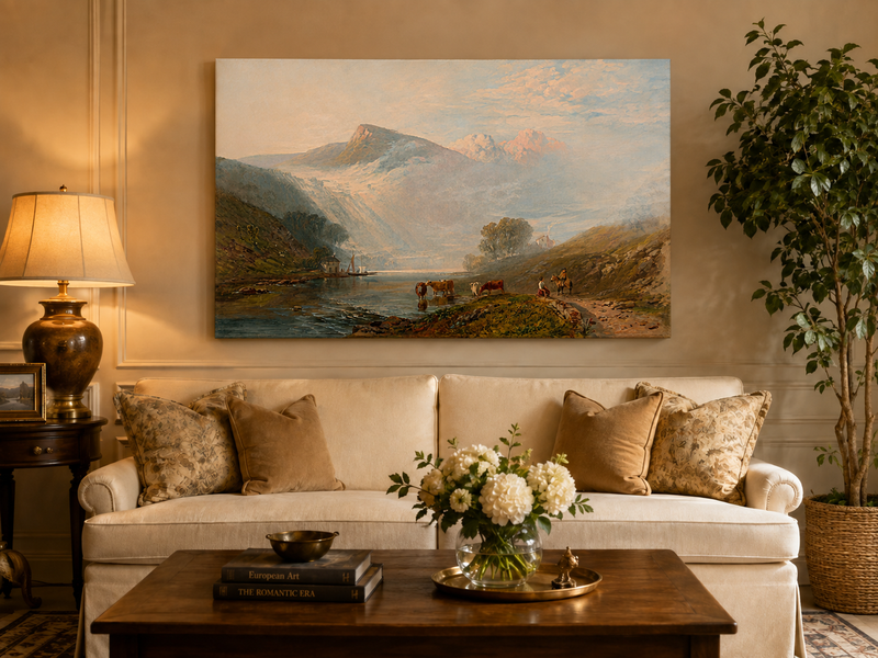 Landscape Oil Painting - Misty Mountain Lake, Cattle and Rider