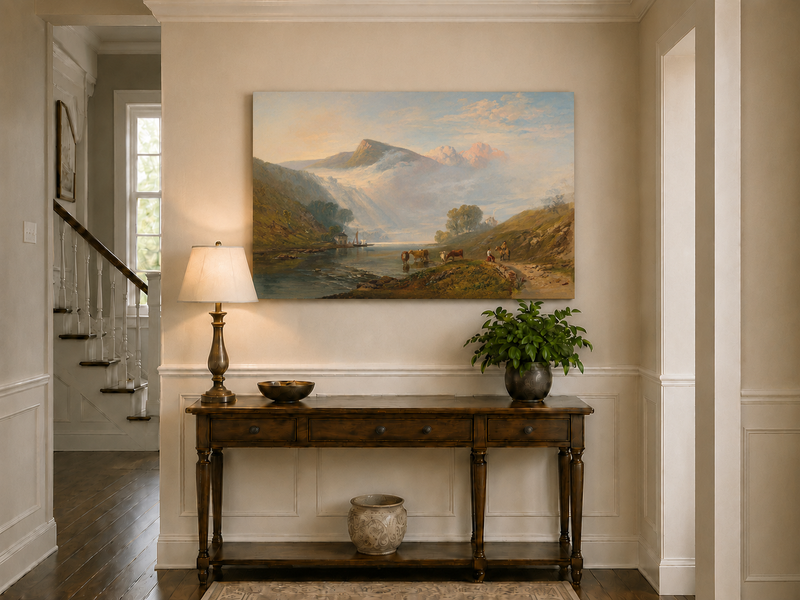 Landscape Oil Painting - Misty Mountain Lake, Cattle and Rider