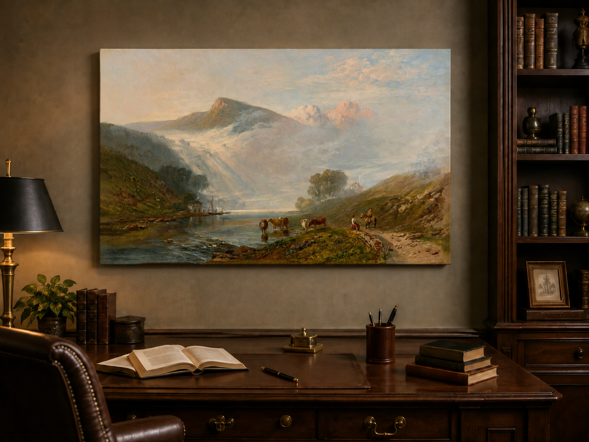 Landscape Oil Painting - Misty Mountain Lake, Cattle and Rider
