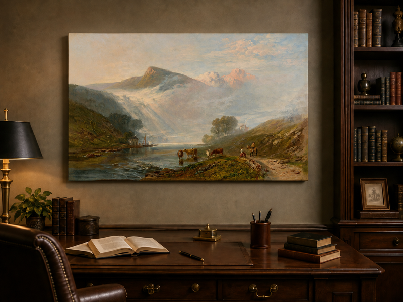 Landscape Oil Painting - Misty Mountain Lake, Cattle and Rider