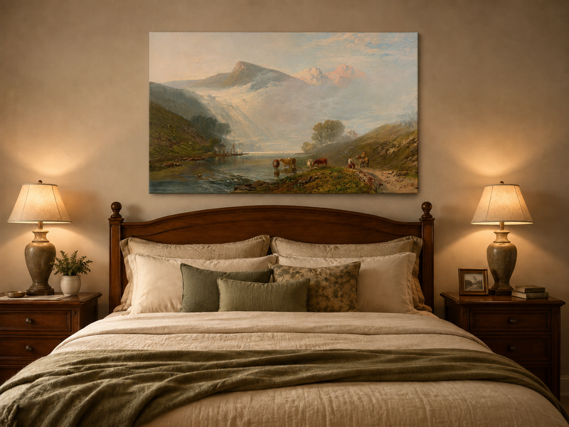 Landscape Oil Painting - Misty Mountain Lake, Cattle and Rider