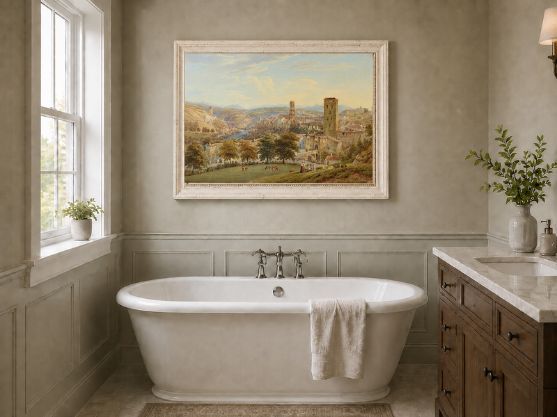 Landscape Oil Painting - Fribourg City View with Bridge and Cows